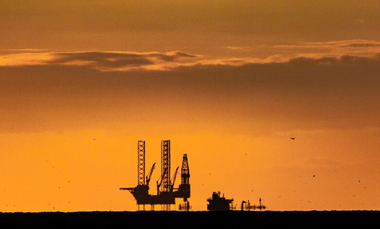 sunset, nature, oil rig