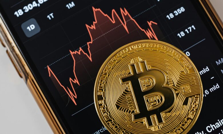 A close-up of a gold Bitcoin coin placed on a smartphone displaying a stock market chart.