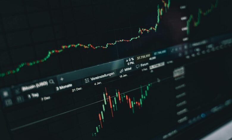 Close-up of a digital market analysis display showing Bitcoin and cryptocurrency price trends.