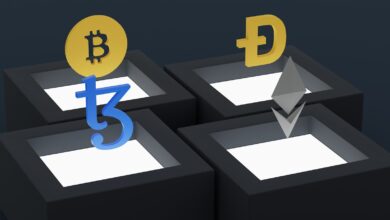 three blocks with bitcoins and arrows on them